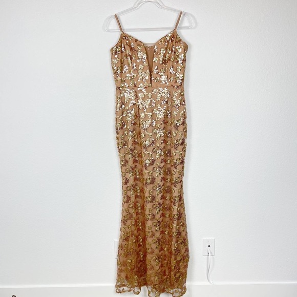 Dress The Population Mara Lace Sequin Gold Maxi Dress Large - Picture 2 of 12